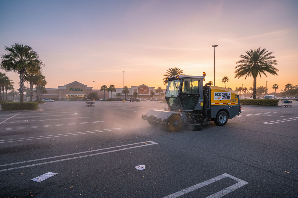Parking lot sweeper machine cleaning a commercial lot