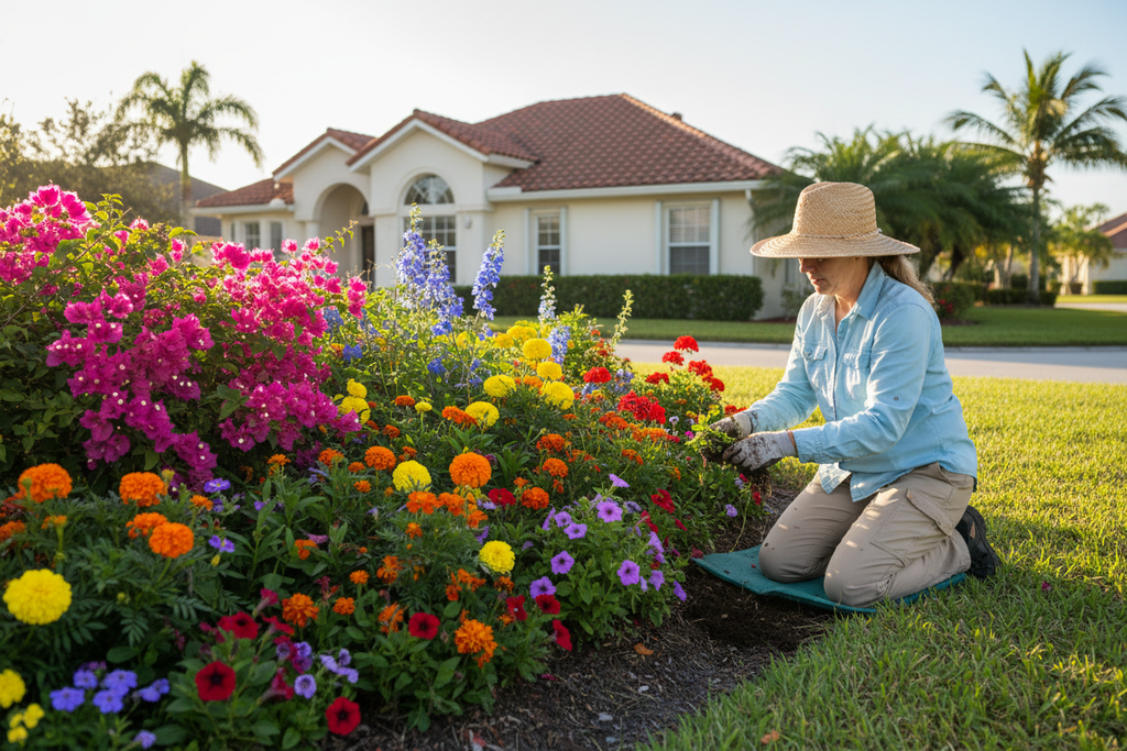 Gardener weeding a colorful flower bed