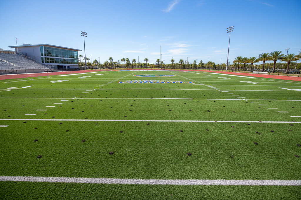 Pristine sports turf field with perfect stripes and markings