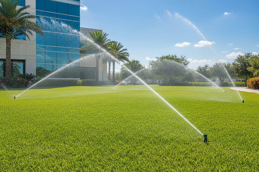 Fully operational commercial irrigation system watering lawn
