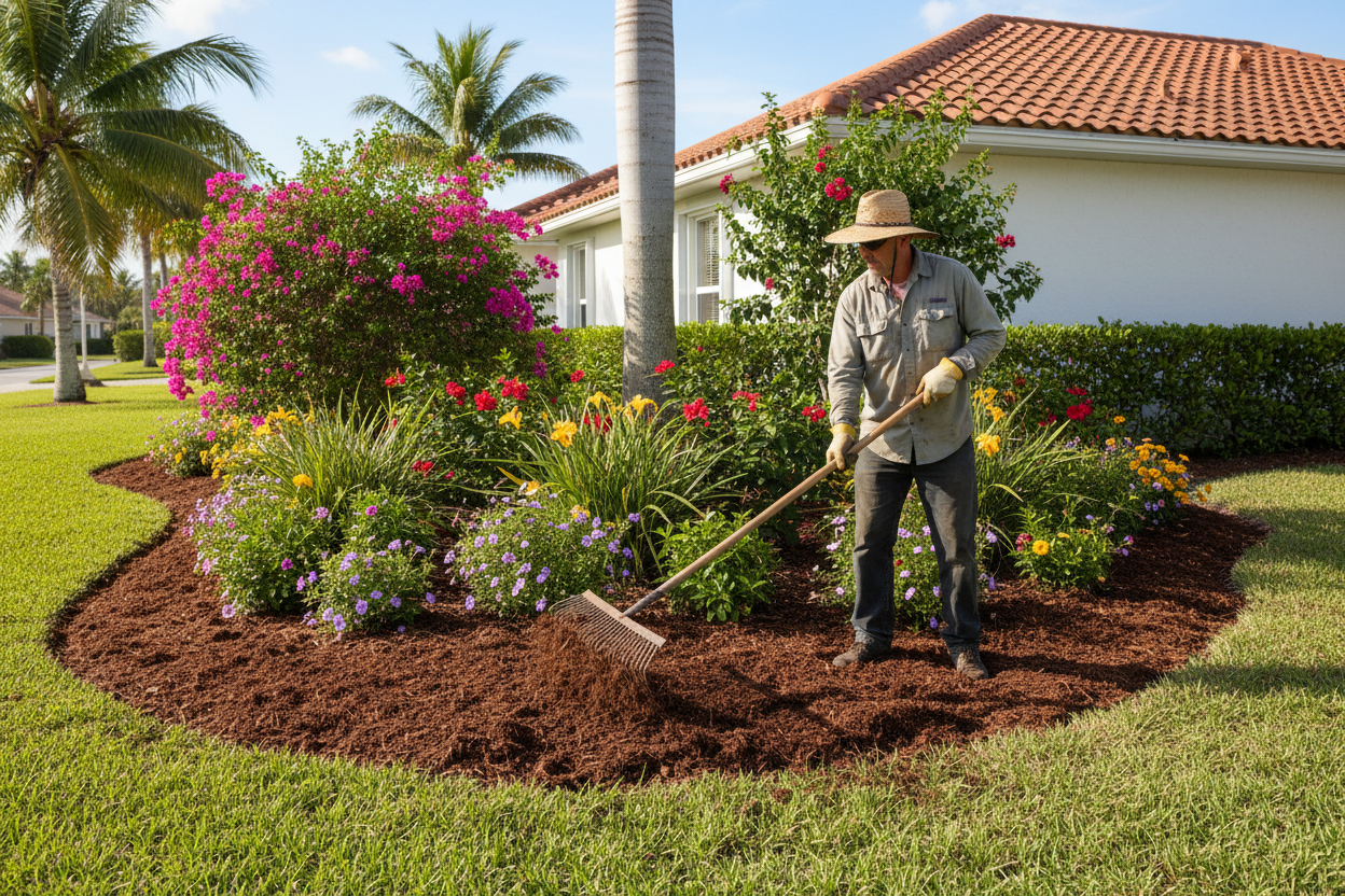 Landscaper spreading fresh mulch in a garden bed
