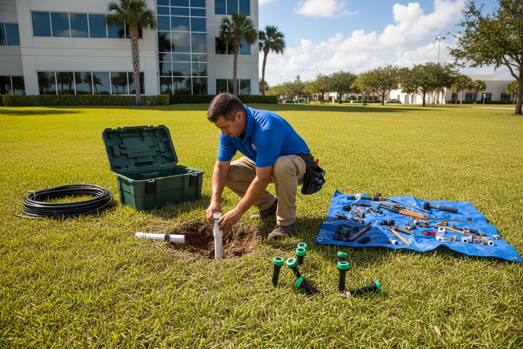 Technician repairing irrigation system components