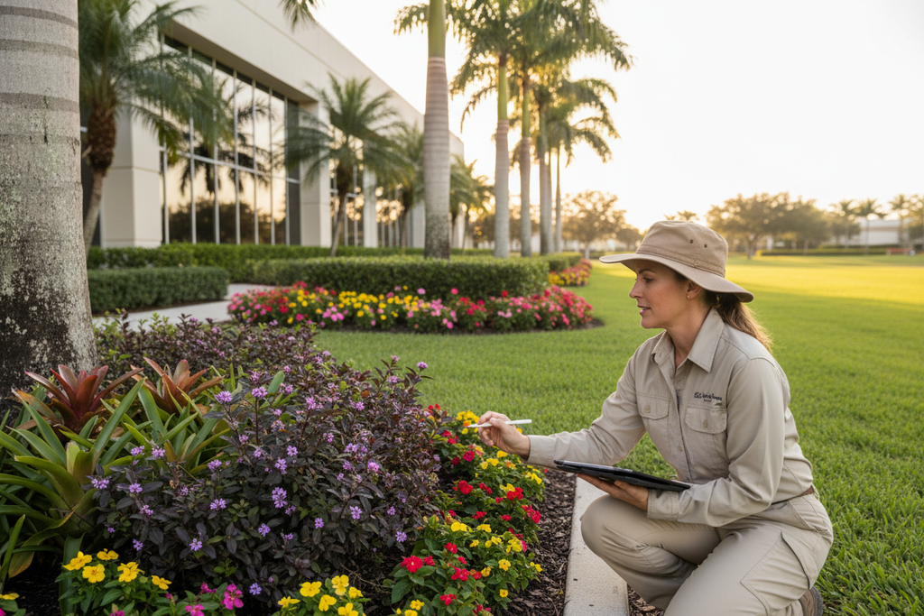 Inspector reviewing landscape notes at a commercial property