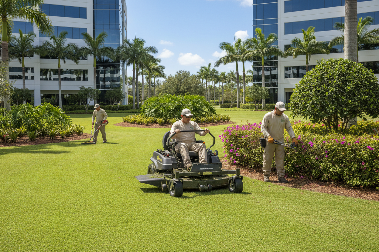 Landscape crew maintaining a commercial property