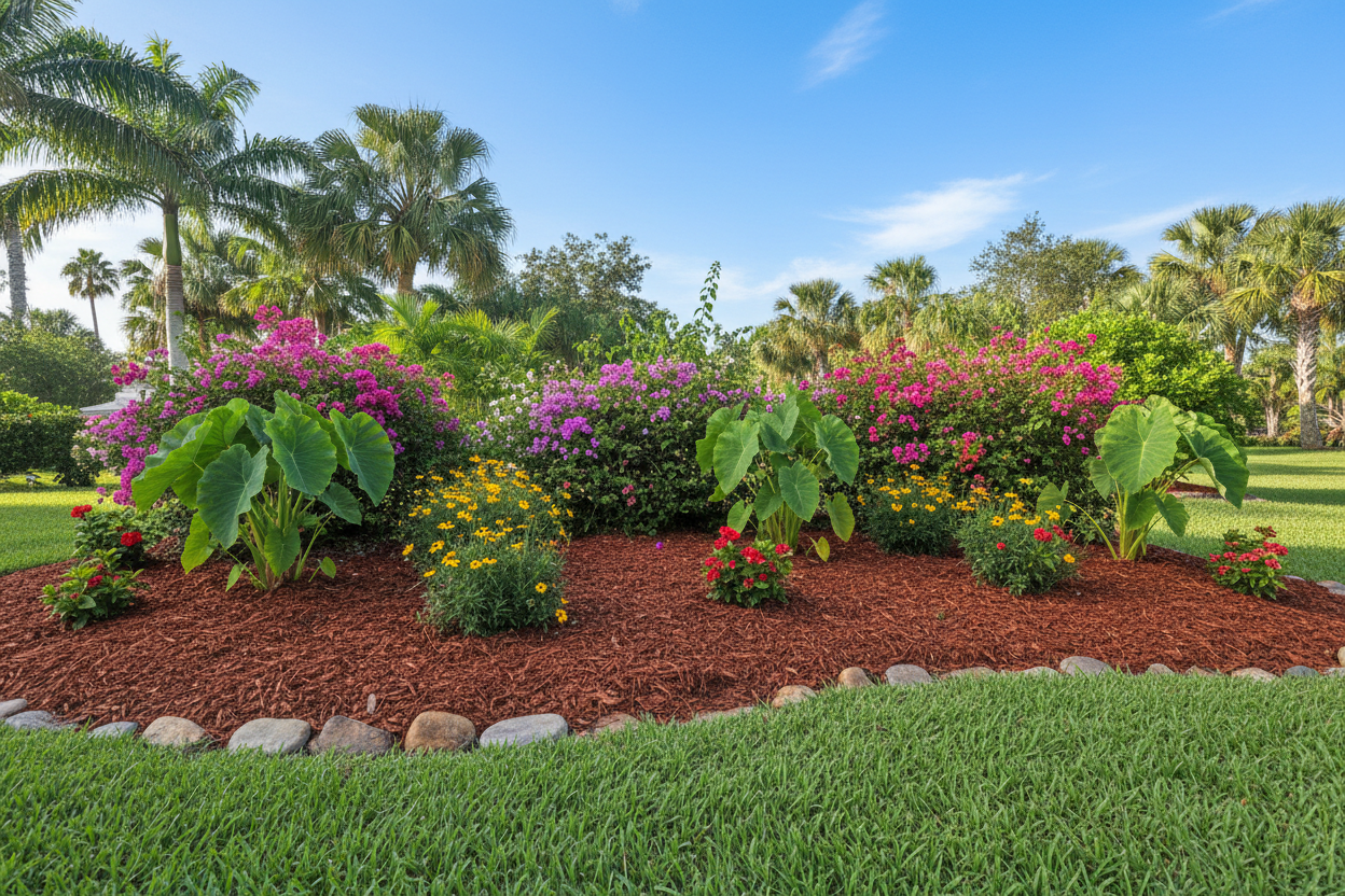 Freshly mulched garden bed with healthy plants