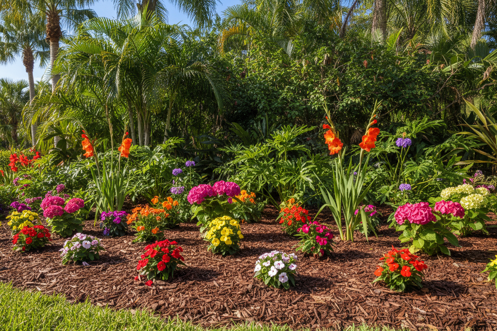 Freshly weeded and tidy flower bed with blooms