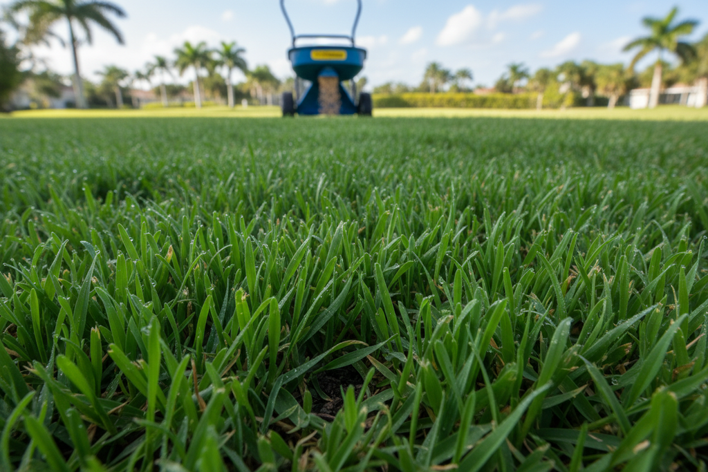 Lush green grass after spot fertilization treatment