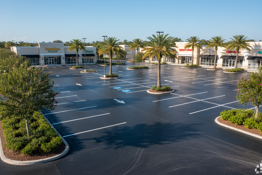 Clean commercial parking lot after litter pickup service