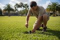Technician adjusting irrigation sprinkler head in lawn