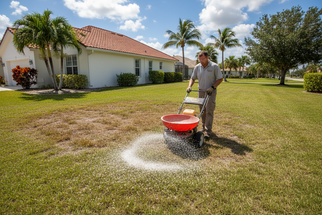 Technician applying fertilizer to a lawn area