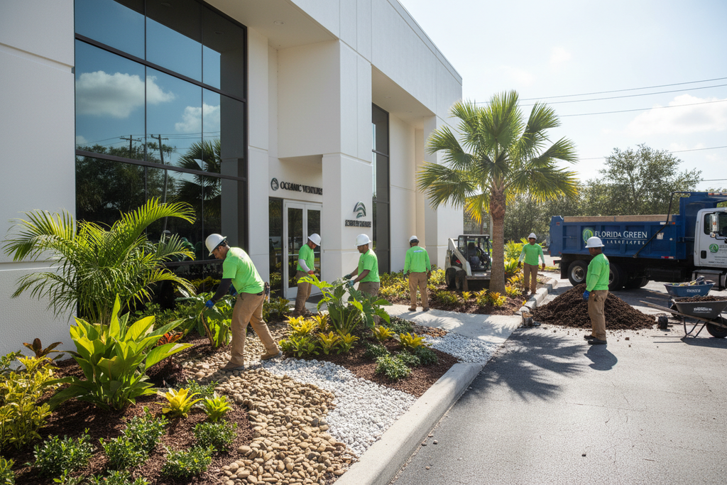 Landscape crew installing new commercial landscape design
