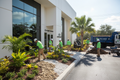 Landscape crew installing new commercial landscape design