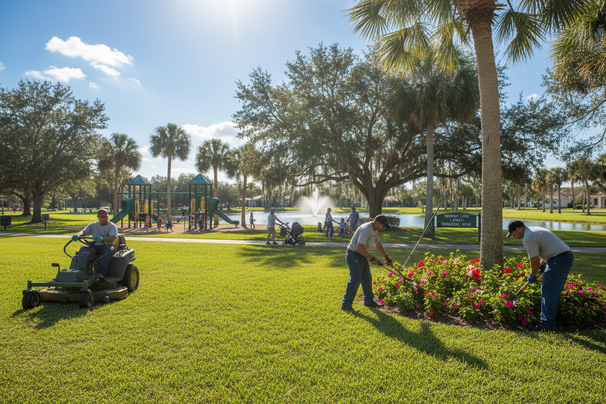 Grounds crew maintaining a Florida municipal park