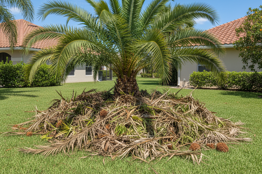 Freshly trimmed palm tree with debris on ground