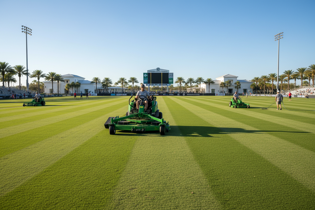 Grounds crew mowing a professional sports turf field