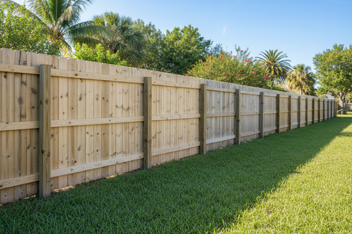 Newly repaired wooden fence panel on Florida property
