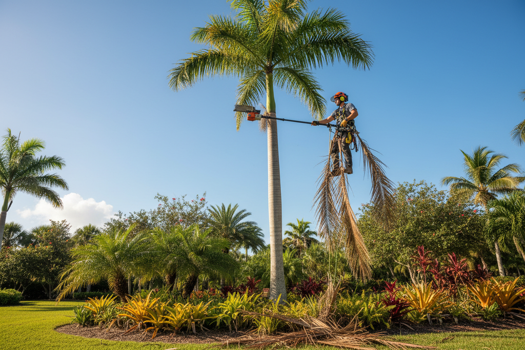 Arborist trimming a Florida palm tree