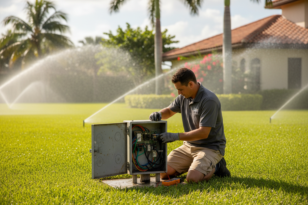 Irrigation control box inspection with sprinklers running