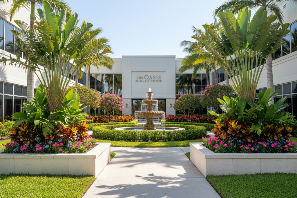 Stunning newly installed commercial landscape with tropical plants