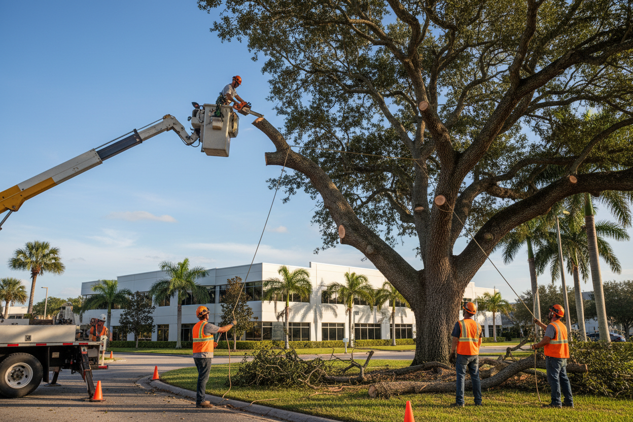 Professional tree removal crew with bucket truck