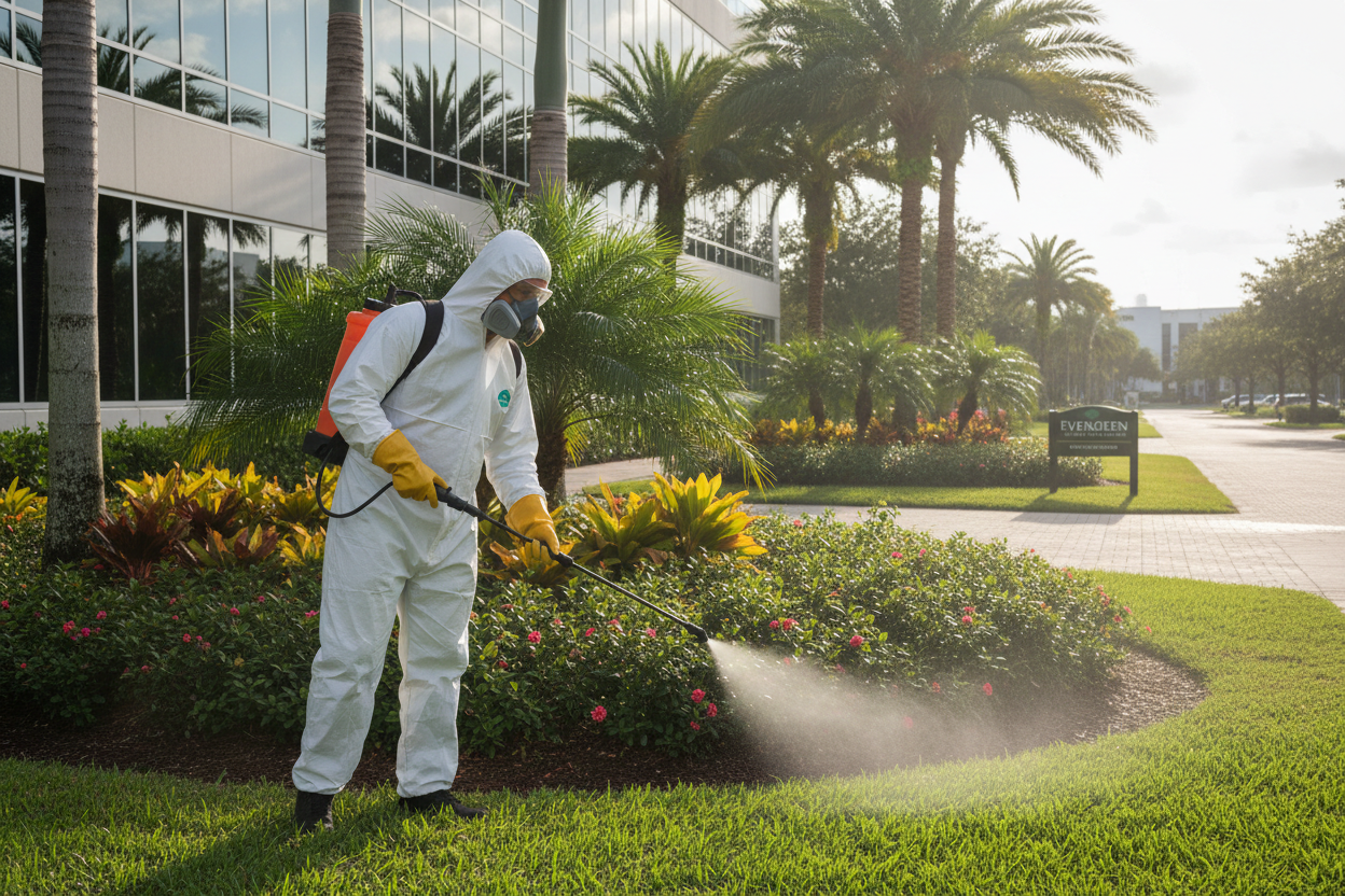 Technician applying IPM treatment to commercial landscape