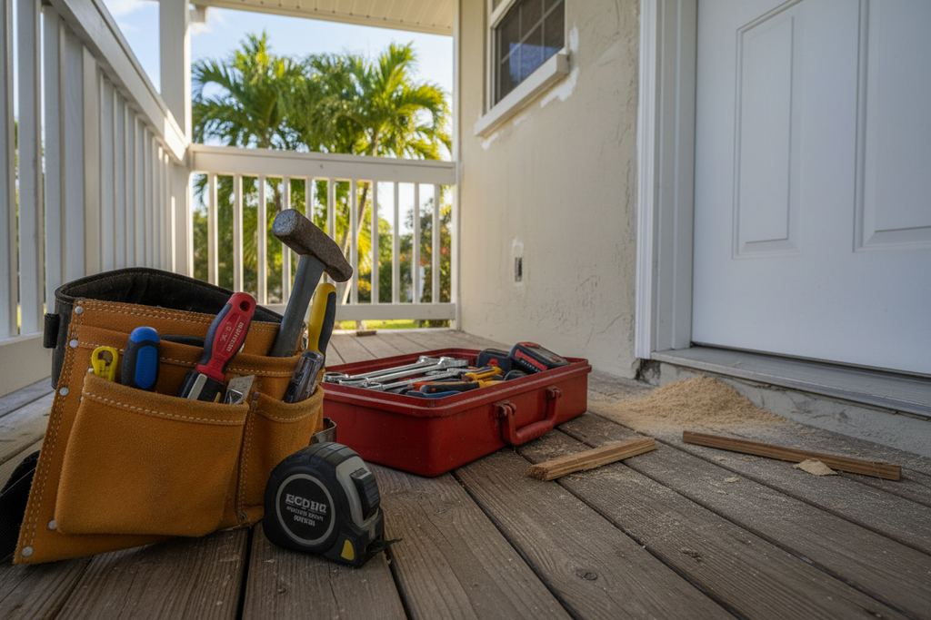 Handyman tools and repaired exterior wall
